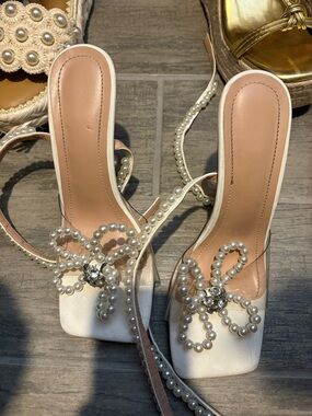 Pearl Embellished White Women's Slide Heels